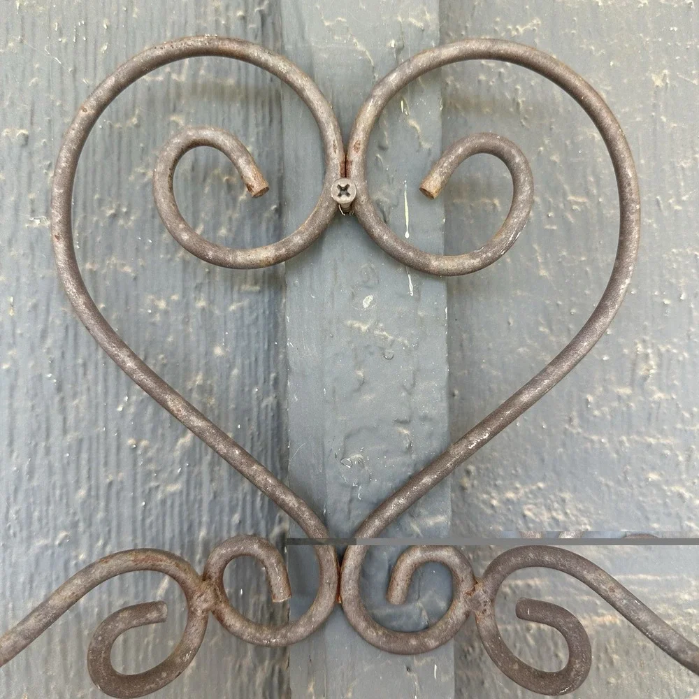 Vintage Iron Double Plant Wall Holder Flower Pot Planter Rustic Heart Scroll